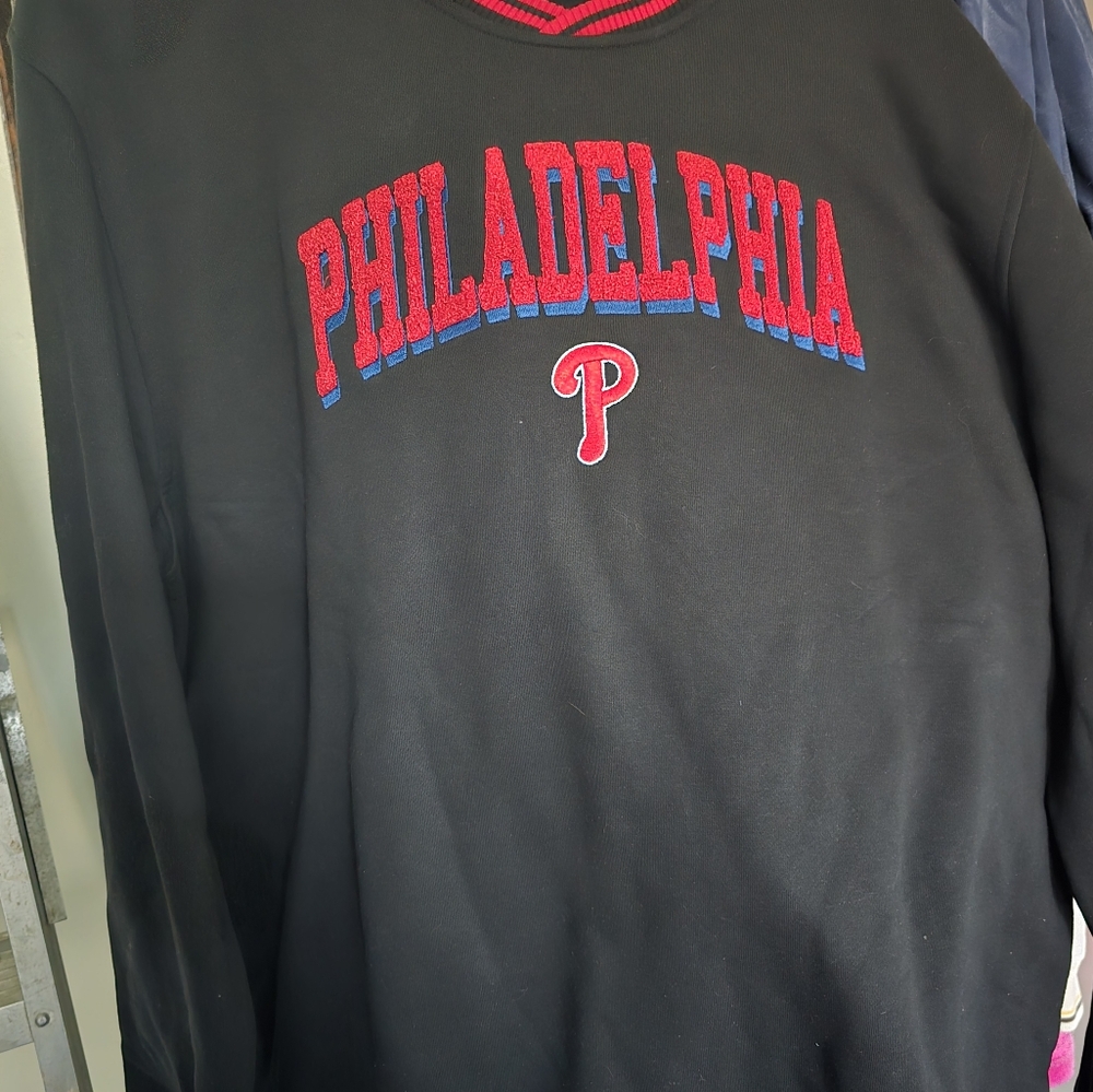 New Era Phillies Black Crewneck Sweater with Red and Blue Accents